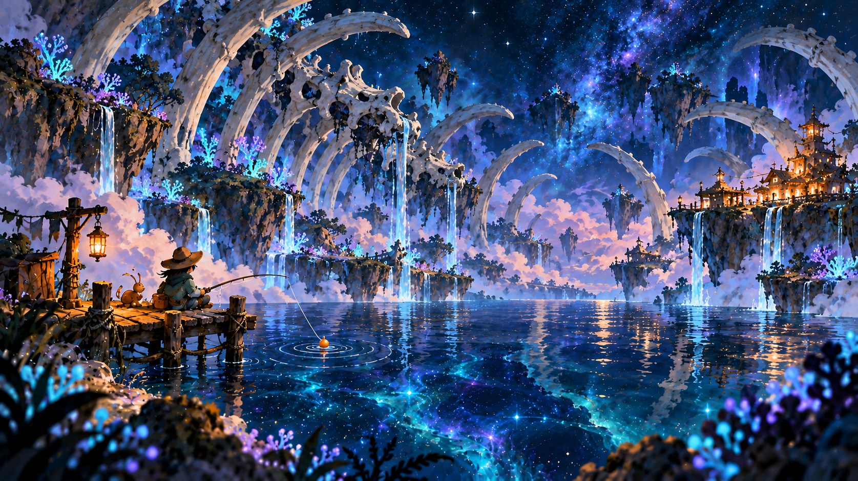 Two small fishing companions sit on a dock lit by lanterns beneath enormous pale bone arches, overlooking deep blue water and floating islands.