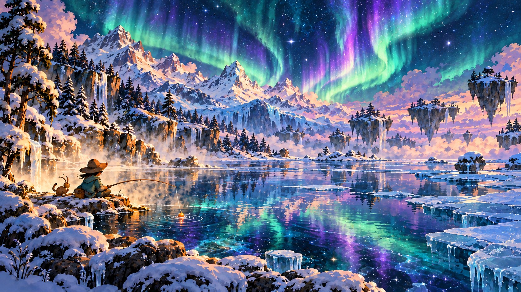 An angler and a little companion sit beside calm winter water beneath green and violet northern lights and snowy floating islands.