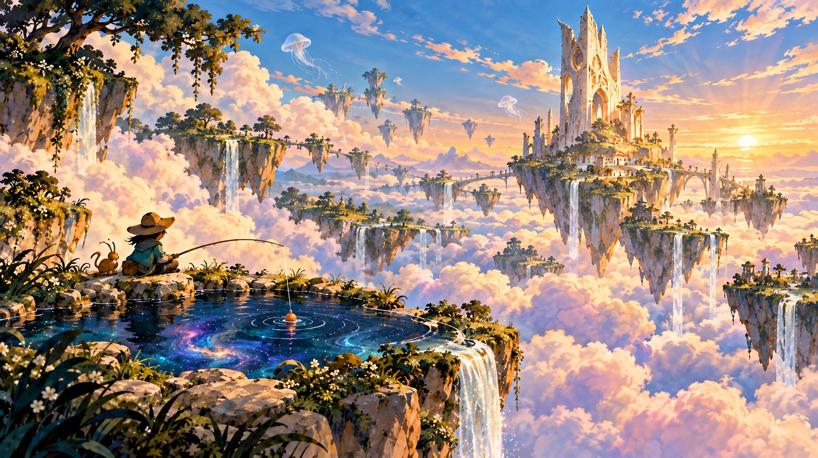 An angler and a small companion fish above the clouds, facing a sunlit white spire, floating islands, waterfalls and drifting jellyfish.