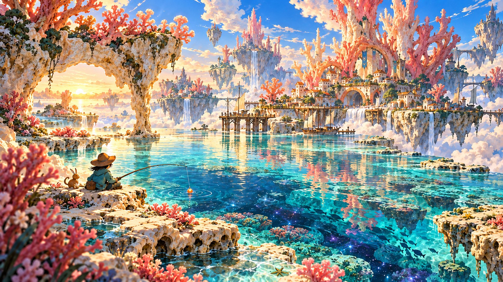 An angler and a small companion overlook clear turquoise water, pink coral arches and a sunlit harbor among floating islands.