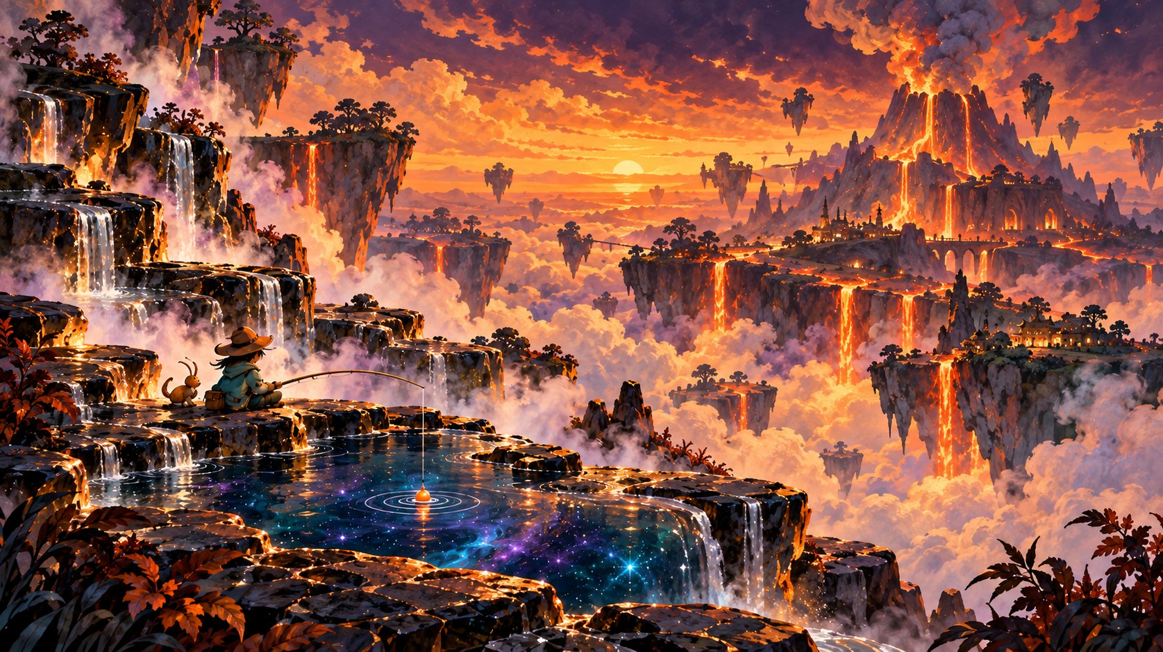 An angler fishes a quiet pool while distant volcanic peaks and waterfalls glow orange above a sea of clouds.