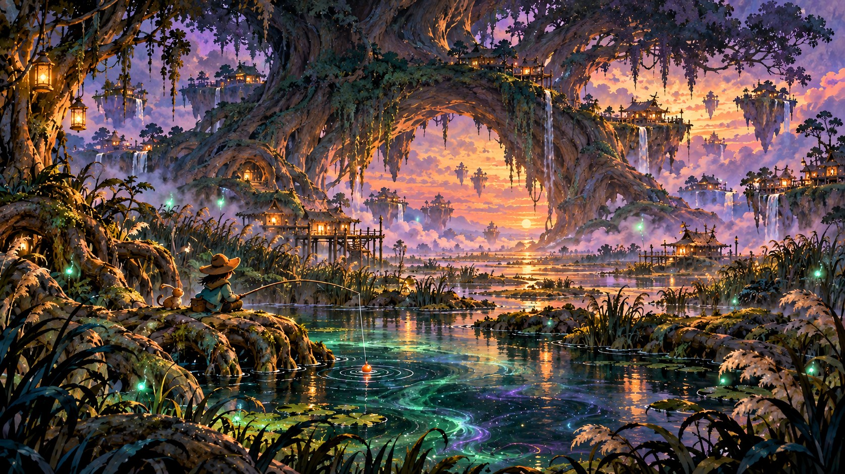 An angler and a small friend fish beneath enormous tree arches, with homes lit by lanterns reflected in still water at dusk.