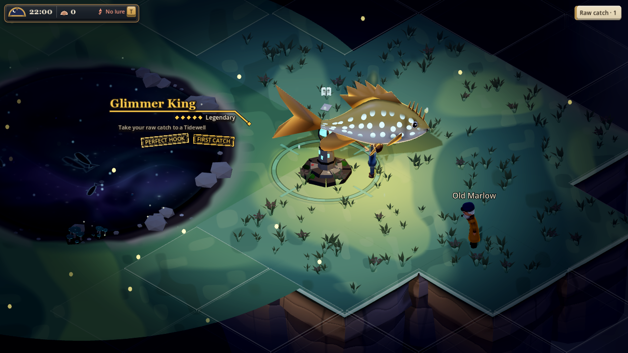 A large legendary catch held up in its own light, with name and rarity clear of the fish