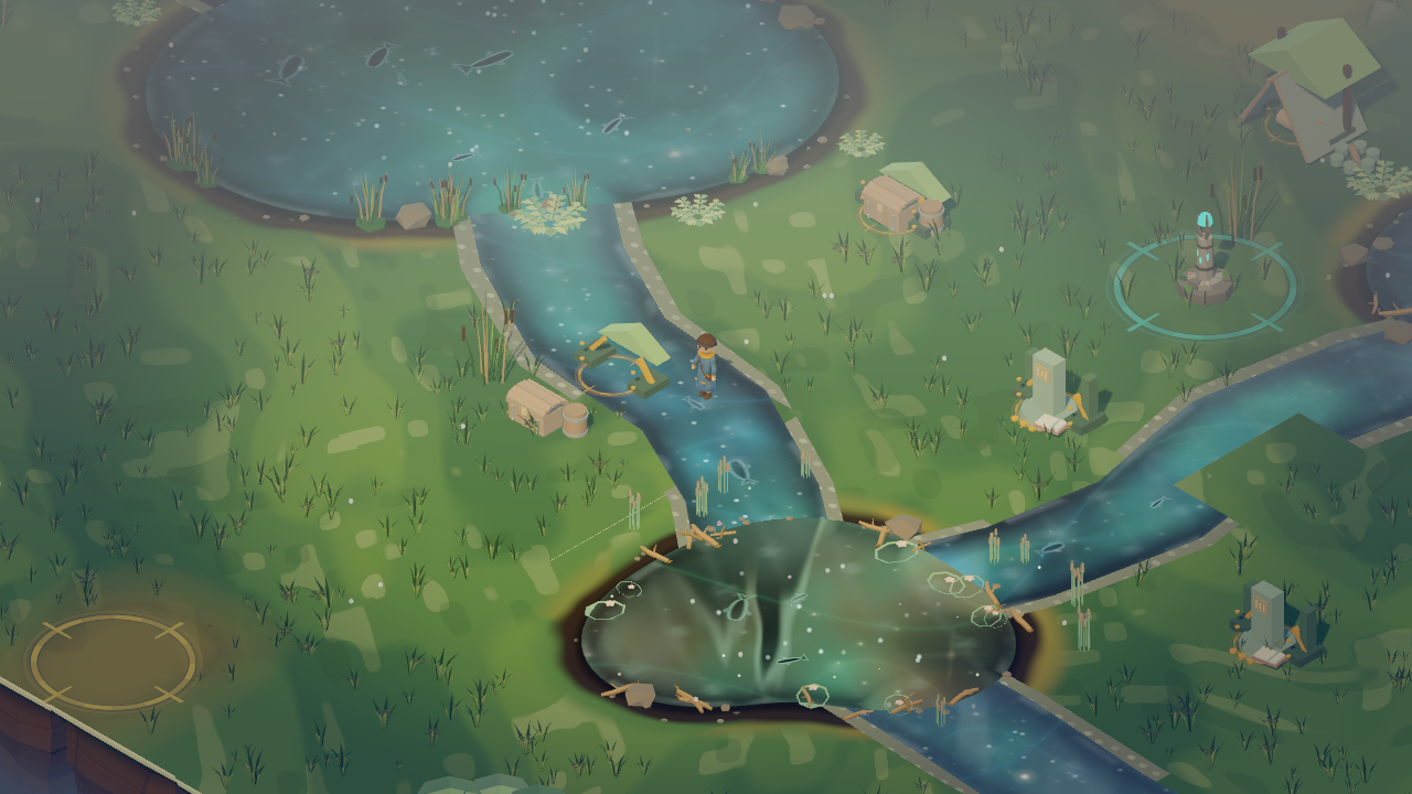 Continuous fishable streams joining pond surfaces by day