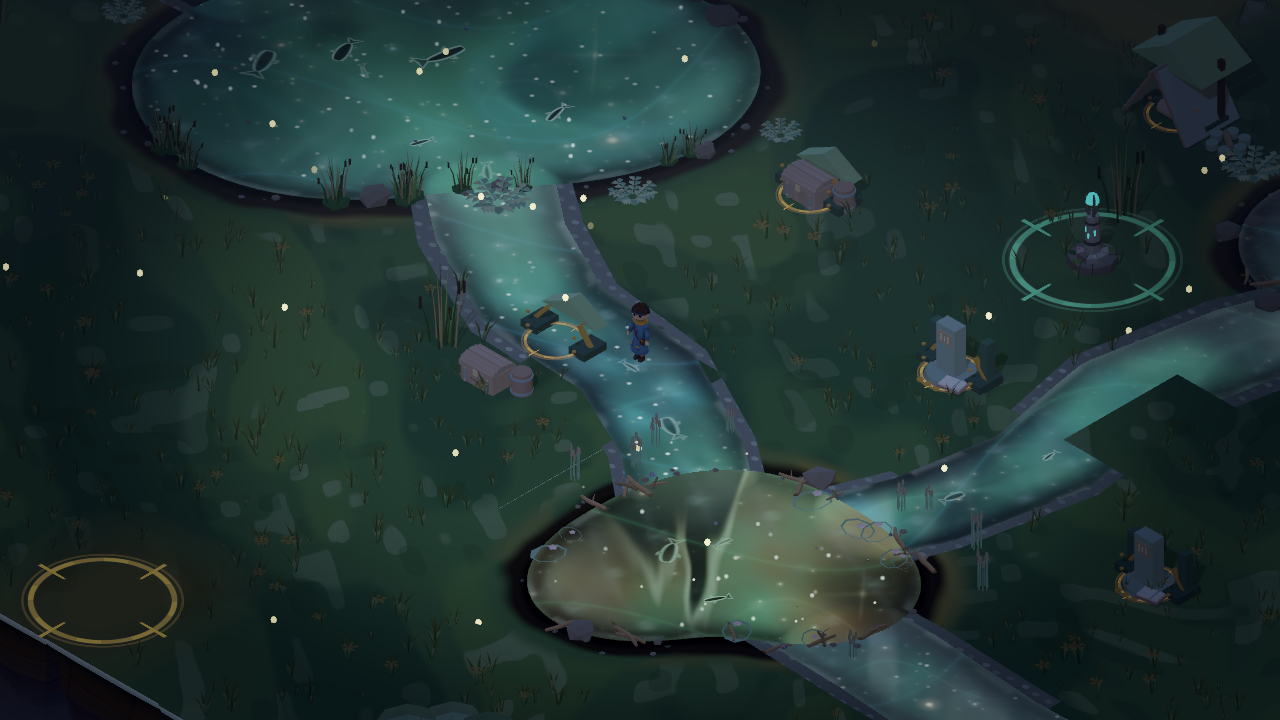 Layered ponds and connected streams glowing after dark